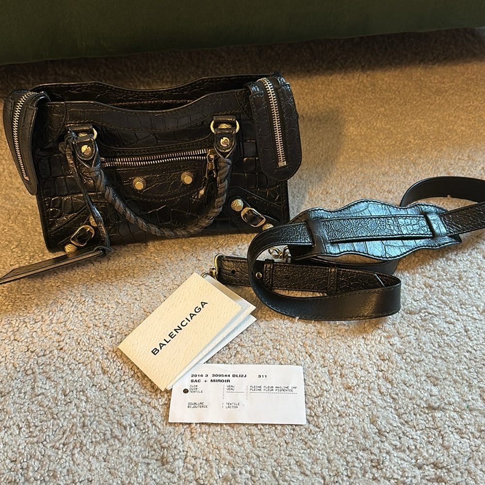 Balenciaga Black Croc-Embossed motocross city mini Bag